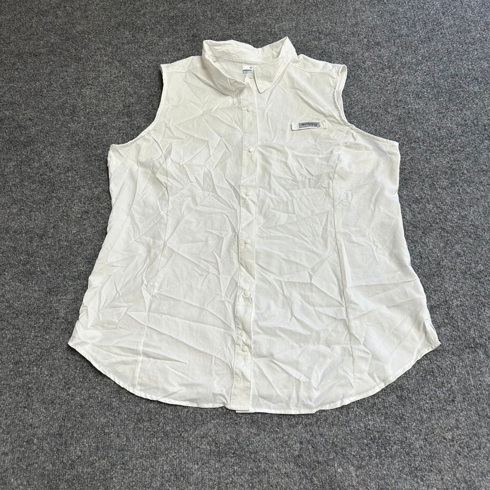 Columbia Shirt Womens XL White PFG Sleeveless Fishing Vented Mesh Back Button Up